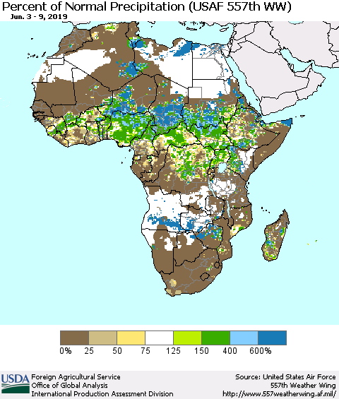 Africa Percent of Normal Precipitation (USAF 557th WW) Thematic Map For 6/3/2019 - 6/9/2019