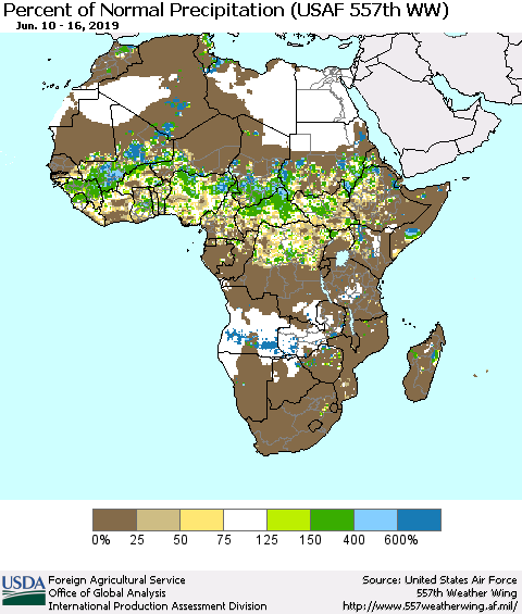 Africa Percent of Normal Precipitation (USAF 557th WW) Thematic Map For 6/10/2019 - 6/16/2019