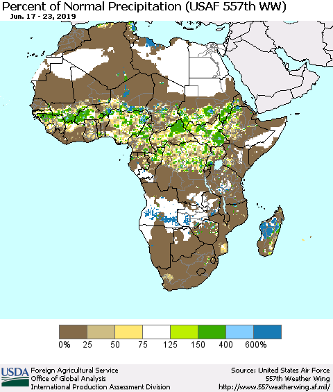 Africa Percent of Normal Precipitation (USAF 557th WW) Thematic Map For 6/17/2019 - 6/23/2019