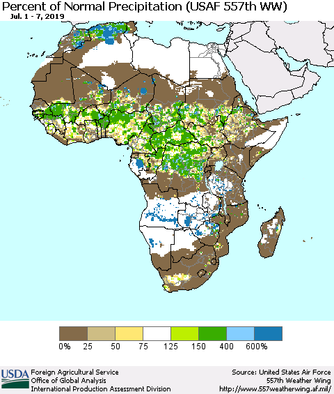 Africa Percent of Normal Precipitation (USAF 557th WW) Thematic Map For 7/1/2019 - 7/7/2019