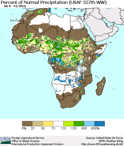 Africa Percent of Normal Precipitation (USAF 557th WW) Thematic Map For 7/8/2019 - 7/14/2019