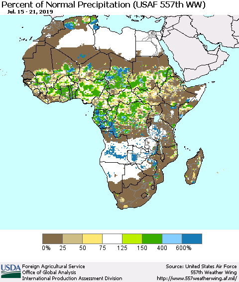 Africa Percent of Normal Precipitation (USAF 557th WW) Thematic Map For 7/15/2019 - 7/21/2019