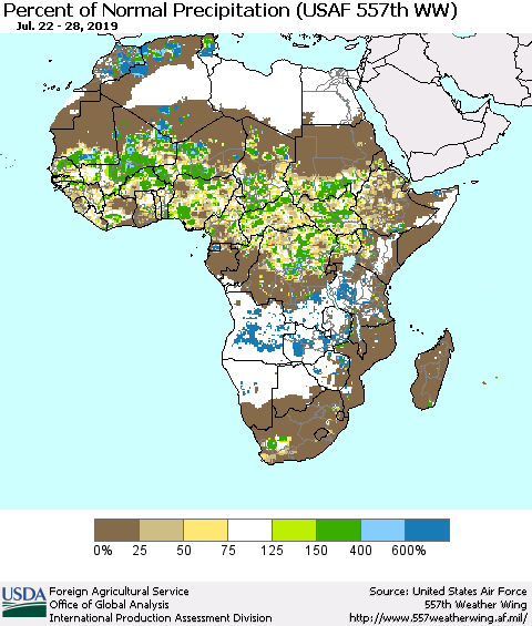 Africa Percent of Normal Precipitation (USAF 557th WW) Thematic Map For 7/22/2019 - 7/28/2019
