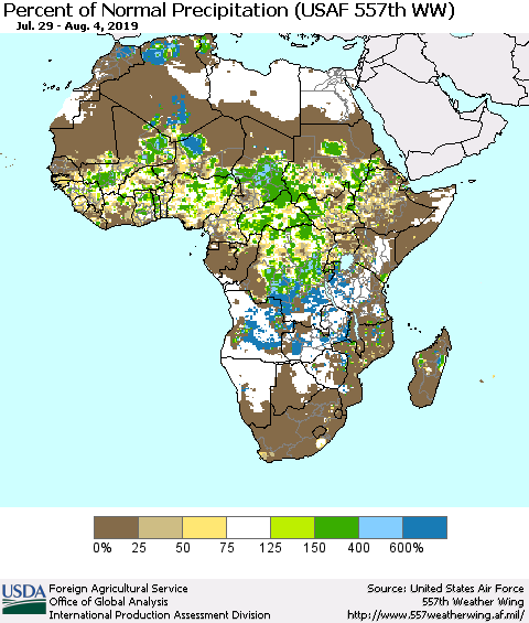 Africa Percent of Normal Precipitation (USAF 557th WW) Thematic Map For 7/29/2019 - 8/4/2019