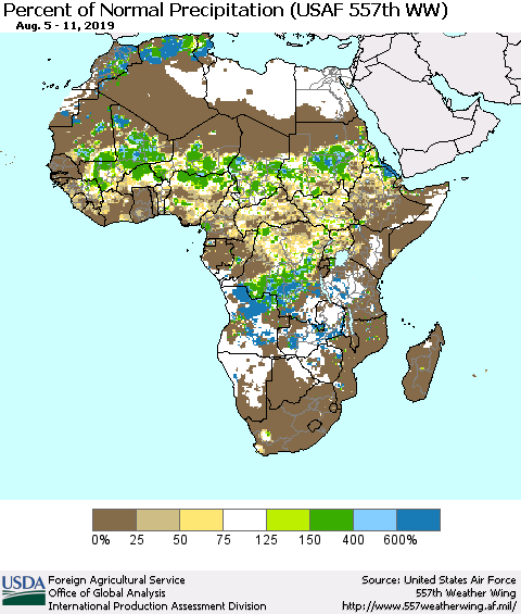 Africa Percent of Normal Precipitation (USAF 557th WW) Thematic Map For 8/5/2019 - 8/11/2019