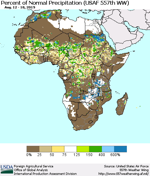 Africa Percent of Normal Precipitation (USAF 557th WW) Thematic Map For 8/12/2019 - 8/18/2019