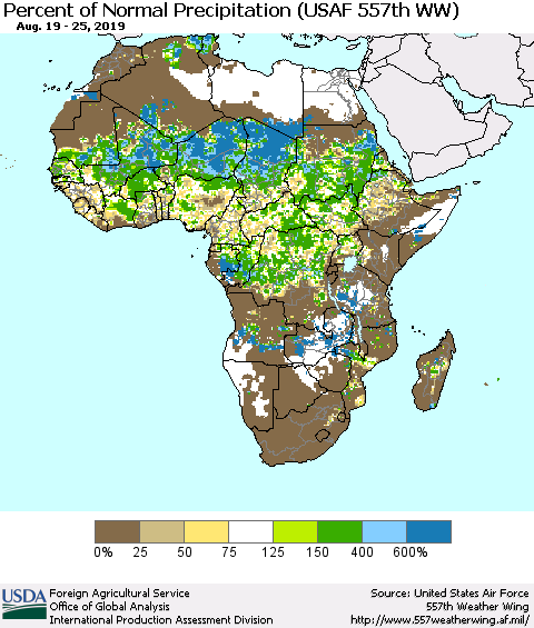 Africa Percent of Normal Precipitation (USAF 557th WW) Thematic Map For 8/19/2019 - 8/25/2019