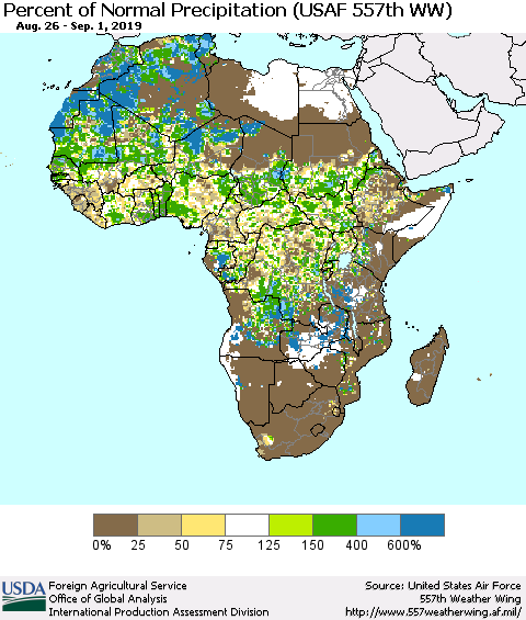 Africa Percent of Normal Precipitation (USAF 557th WW) Thematic Map For 8/26/2019 - 9/1/2019