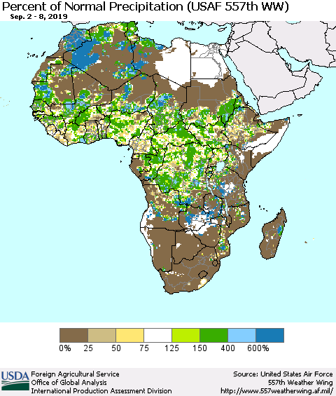 Africa Percent of Normal Precipitation (USAF 557th WW) Thematic Map For 9/2/2019 - 9/8/2019