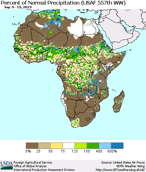 Africa Percent of Normal Precipitation (USAF 557th WW) Thematic Map For 9/9/2019 - 9/15/2019