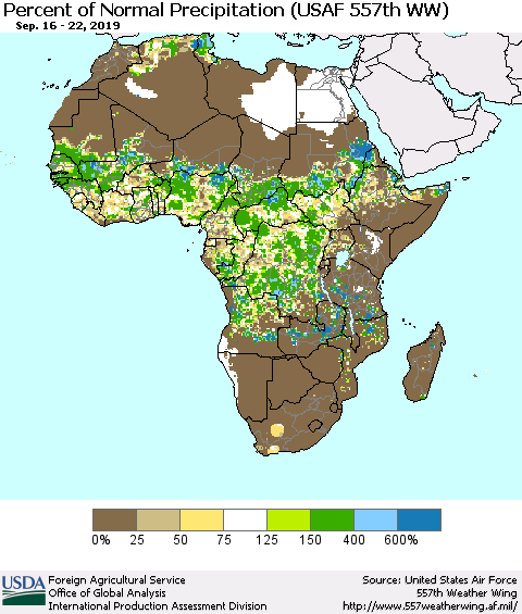 Africa Percent of Normal Precipitation (USAF 557th WW) Thematic Map For 9/16/2019 - 9/22/2019