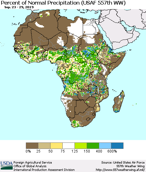 Africa Percent of Normal Precipitation (USAF 557th WW) Thematic Map For 9/23/2019 - 9/29/2019