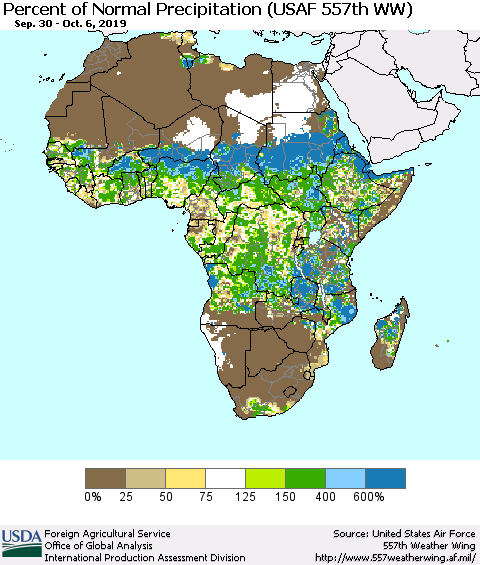 Africa Percent of Normal Precipitation (USAF 557th WW) Thematic Map For 9/30/2019 - 10/6/2019