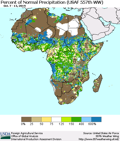 Africa Percent of Normal Precipitation (USAF 557th WW) Thematic Map For 10/7/2019 - 10/13/2019