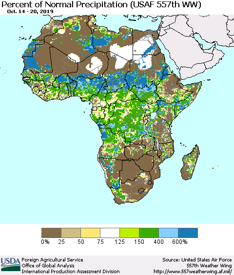Africa Percent of Normal Precipitation (USAF 557th WW) Thematic Map For 10/14/2019 - 10/20/2019