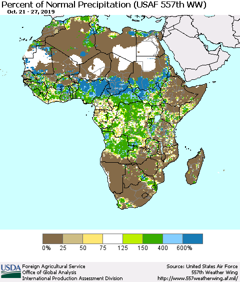 Africa Percent of Normal Precipitation (USAF 557th WW) Thematic Map For 10/21/2019 - 10/27/2019