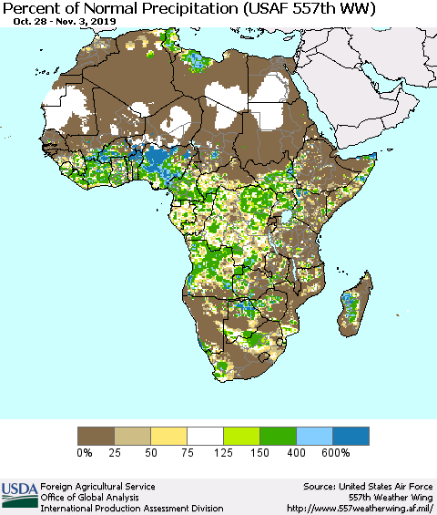 Africa Percent of Normal Precipitation (USAF 557th WW) Thematic Map For 10/28/2019 - 11/3/2019