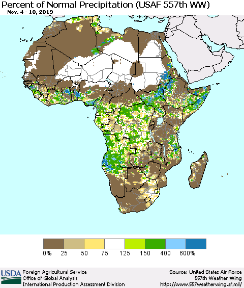Africa Percent of Normal Precipitation (USAF 557th WW) Thematic Map For 11/4/2019 - 11/10/2019