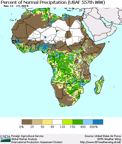 Africa Percent of Normal Precipitation (USAF 557th WW) Thematic Map For 11/11/2019 - 11/17/2019