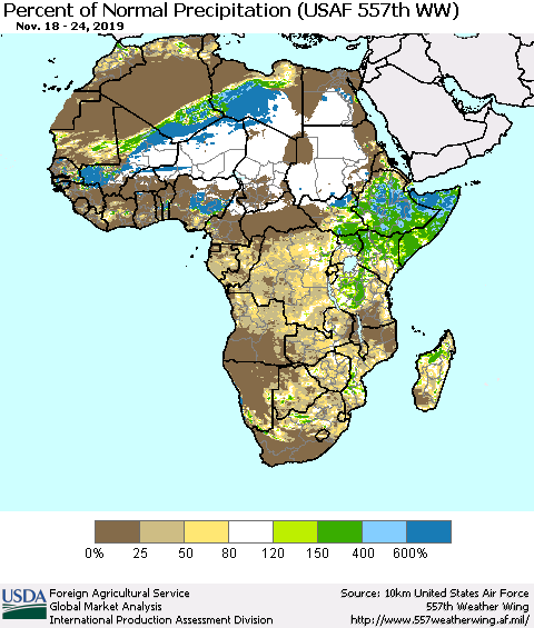 Africa Percent of Normal Precipitation (USAF 557th WW) Thematic Map For 11/18/2019 - 11/24/2019
