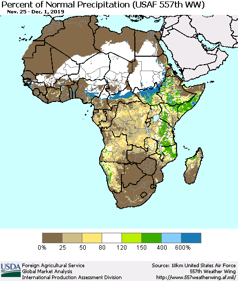 Africa Percent of Normal Precipitation (USAF 557th WW) Thematic Map For 11/25/2019 - 12/1/2019