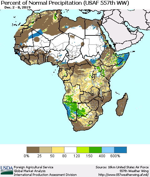 Africa Percent of Normal Precipitation (USAF 557th WW) Thematic Map For 12/2/2019 - 12/8/2019