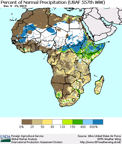 Africa Percent of Normal Precipitation (USAF 557th WW) Thematic Map For 12/9/2019 - 12/15/2019