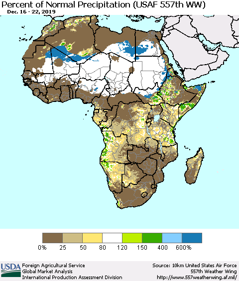 Africa Percent of Normal Precipitation (USAF 557th WW) Thematic Map For 12/16/2019 - 12/22/2019