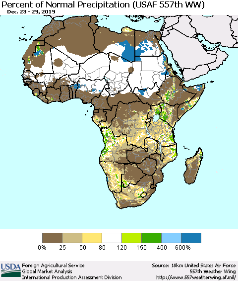 Africa Percent of Normal Precipitation (USAF 557th WW) Thematic Map For 12/23/2019 - 12/29/2019