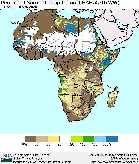 Africa Percent of Normal Precipitation (USAF 557th WW) Thematic Map For 12/30/2019 - 1/5/2020