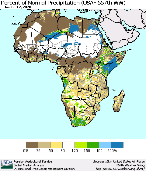 Africa Percent of Normal Precipitation (USAF 557th WW) Thematic Map For 1/6/2020 - 1/12/2020