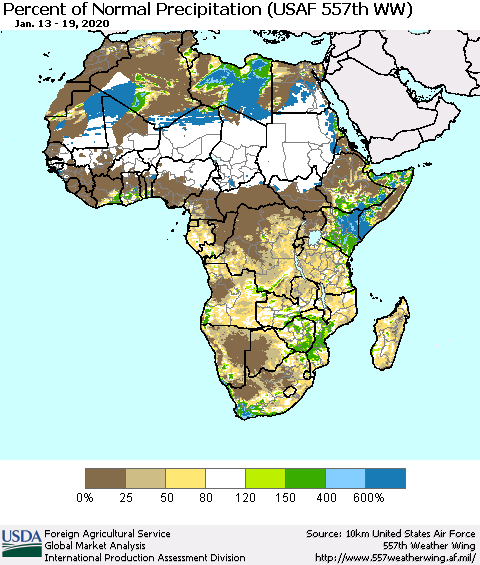 Africa Percent of Normal Precipitation (USAF 557th WW) Thematic Map For 1/13/2020 - 1/19/2020