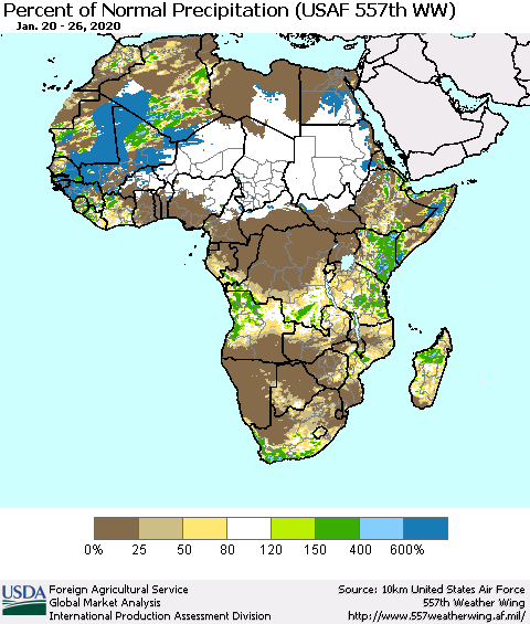 Africa Percent of Normal Precipitation (USAF 557th WW) Thematic Map For 1/20/2020 - 1/26/2020