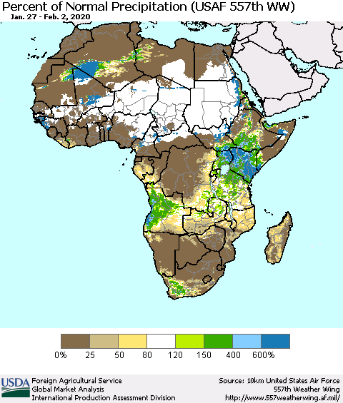 Africa Percent of Normal Precipitation (USAF 557th WW) Thematic Map For 1/27/2020 - 2/2/2020