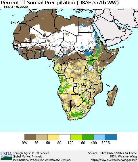 Africa Percent of Normal Precipitation (USAF 557th WW) Thematic Map For 2/3/2020 - 2/9/2020