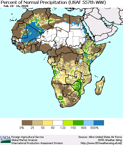 Africa Percent of Normal Precipitation (USAF 557th WW) Thematic Map For 2/10/2020 - 2/16/2020
