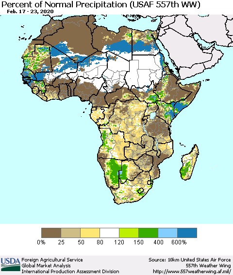 Africa Percent of Normal Precipitation (USAF 557th WW) Thematic Map For 2/17/2020 - 2/23/2020