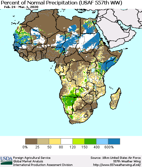 Africa Percent of Normal Precipitation (USAF 557th WW) Thematic Map For 2/24/2020 - 3/1/2020