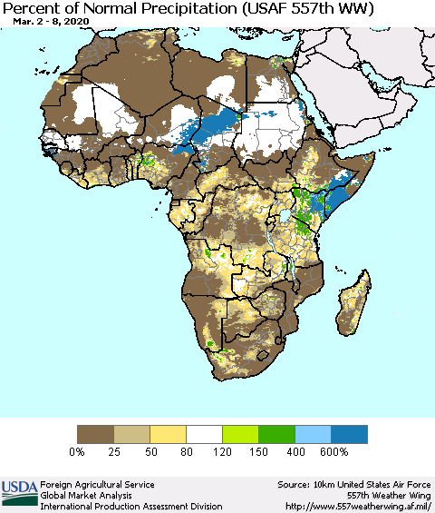 Africa Percent of Normal Precipitation (USAF 557th WW) Thematic Map For 3/2/2020 - 3/8/2020