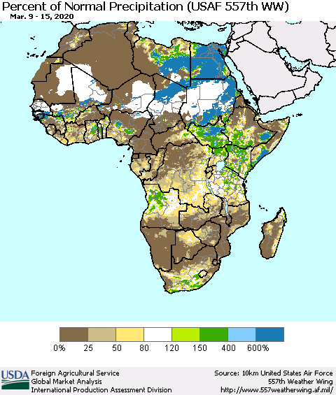 Africa Percent of Normal Precipitation (USAF 557th WW) Thematic Map For 3/9/2020 - 3/15/2020