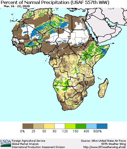 Africa Percent of Normal Precipitation (USAF 557th WW) Thematic Map For 3/16/2020 - 3/22/2020