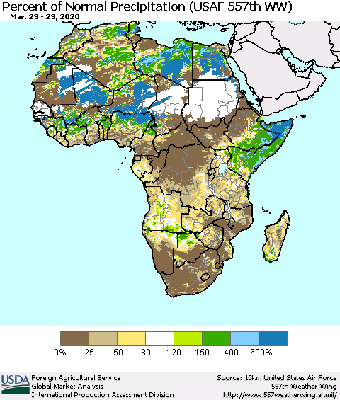 Africa Percent of Normal Precipitation (USAF 557th WW) Thematic Map For 3/23/2020 - 3/29/2020