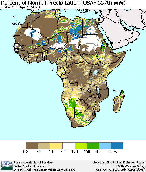 Africa Percent of Normal Precipitation (USAF 557th WW) Thematic Map For 3/30/2020 - 4/5/2020
