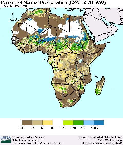 Africa Percent of Normal Precipitation (USAF 557th WW) Thematic Map For 4/6/2020 - 4/12/2020