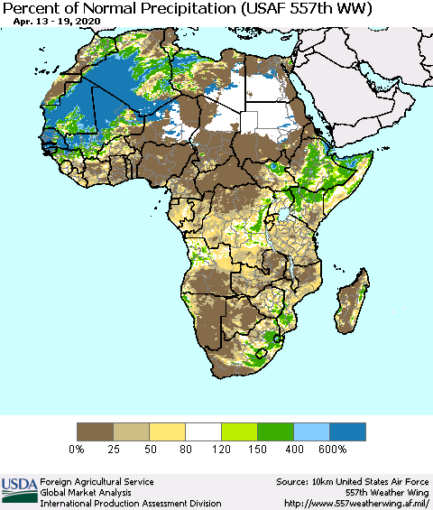 Africa Percent of Normal Precipitation (USAF 557th WW) Thematic Map For 4/13/2020 - 4/19/2020