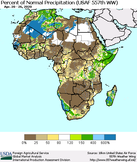 Africa Percent of Normal Precipitation (USAF 557th WW) Thematic Map For 4/20/2020 - 4/26/2020