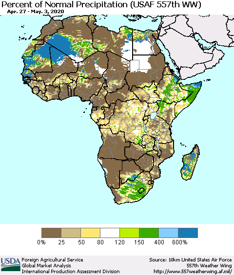 Africa Percent of Normal Precipitation (USAF 557th WW) Thematic Map For 4/27/2020 - 5/3/2020