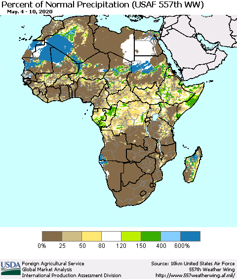 Africa Percent of Normal Precipitation (USAF 557th WW) Thematic Map For 5/4/2020 - 5/10/2020