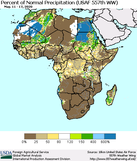Africa Percent of Normal Precipitation (USAF 557th WW) Thematic Map For 5/11/2020 - 5/17/2020