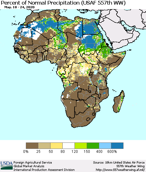 Africa Percent of Normal Precipitation (USAF 557th WW) Thematic Map For 5/18/2020 - 5/24/2020